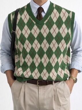Green Cream Argyle V-Neck Sweater Vest